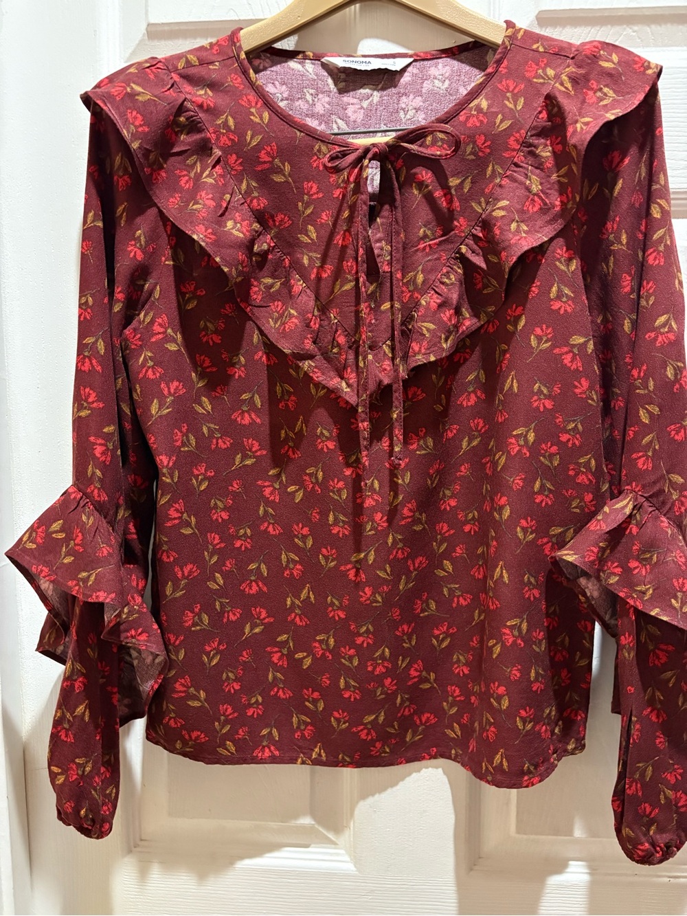 Sonoma Burgundy Floral Ruffle Tie-Neck Blouse